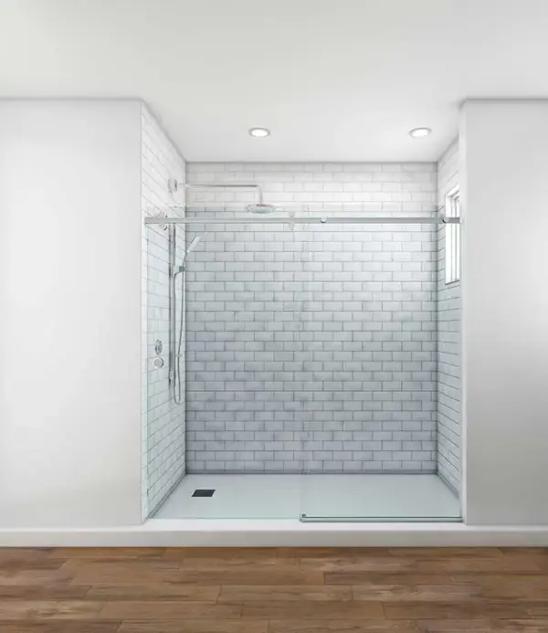 CELESTIAL sliding shower door with polished chrome hardware and clear glass panels in a bright subway tile bathroom.
