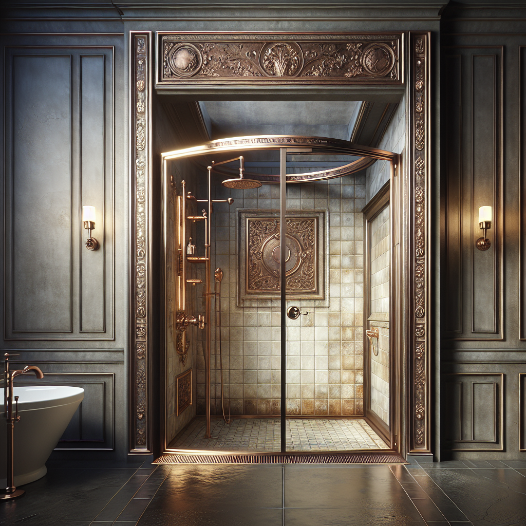Stylish bronze skyline sliding shower door showcasing fine modern contemporary design as new accessory in bathroom.