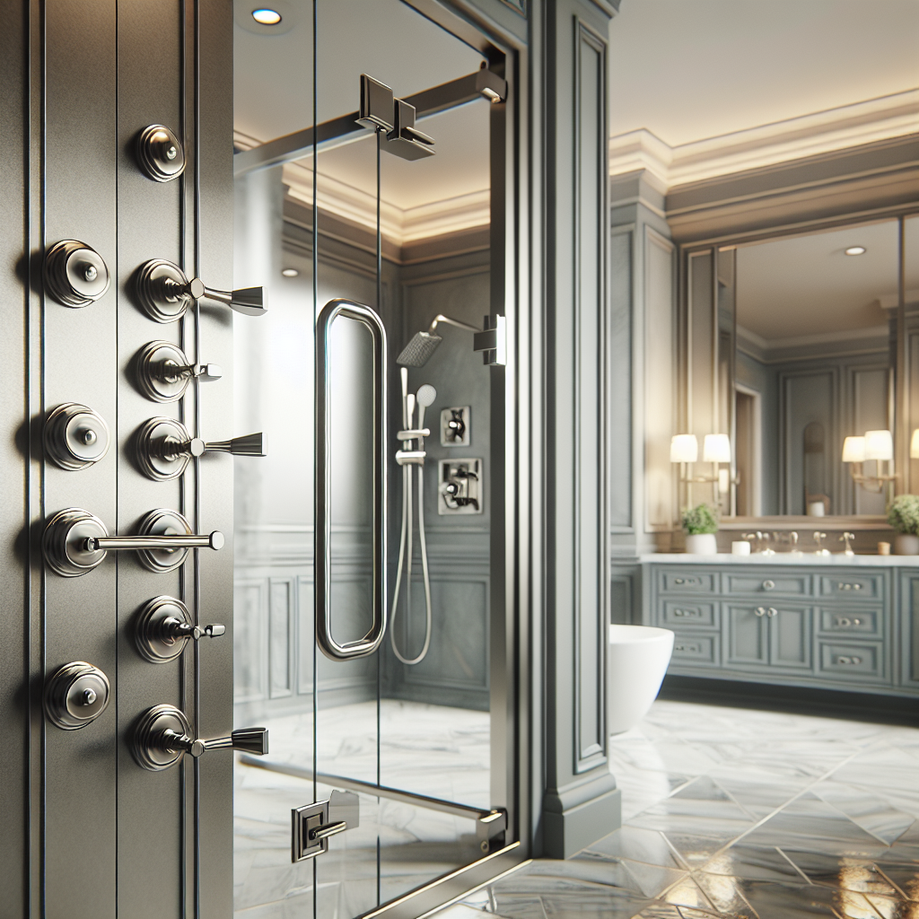 Modern shower doors flaunting brushed nickel hardware with a sleek contemporary design.