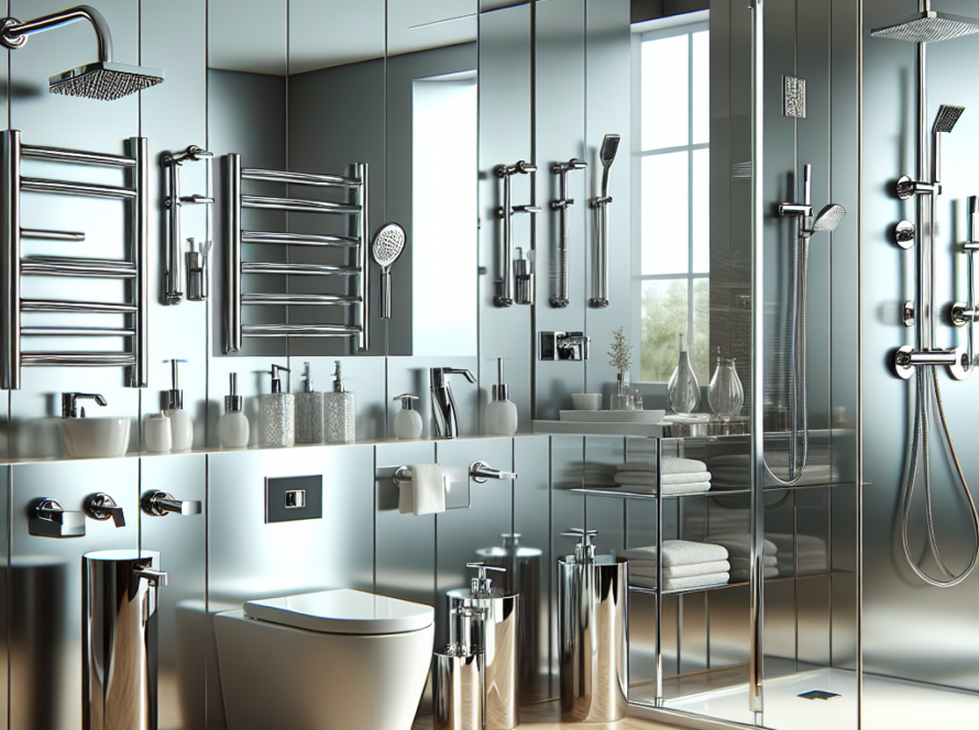 Gleaming chrome bathroom fixtures reflecting light in a modern, contemporary designed bathroom.