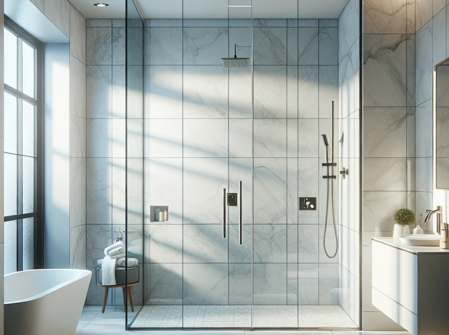 Newly installed frameless shower door adding a touch of contemporary design to a modern bathroom space.