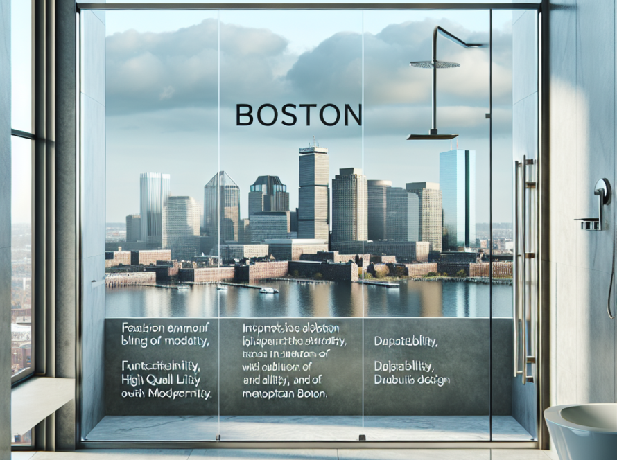 Alt Text: Modern, contemporary designed Boston skyline sliding shower door enhancing the bath space.