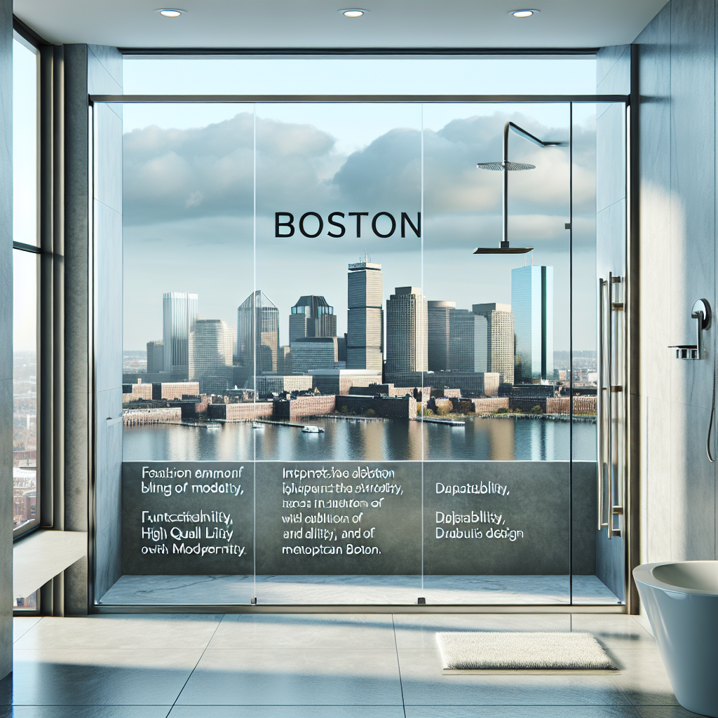 Alt Text: Modern, contemporary designed Boston skyline sliding shower door enhancing the bath space.