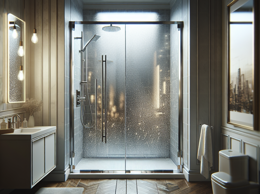 A newly installed modern shower door with a shiny chrome finish, embodying class and convenience in a contemporary design.