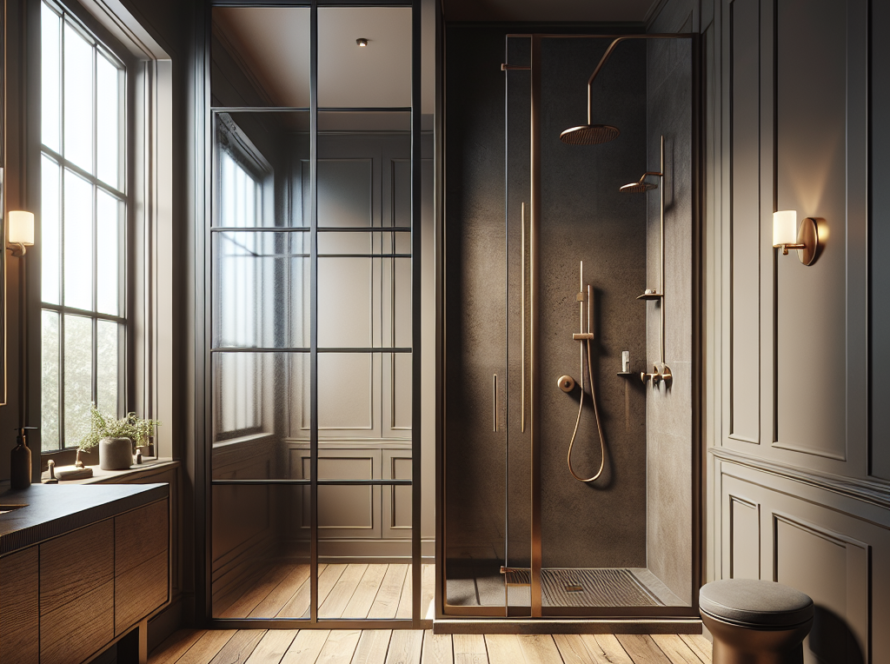 Sleek Skyline Shower Door with bronze hardware enhancing the modern aesthetic of a contemporary bathroom.