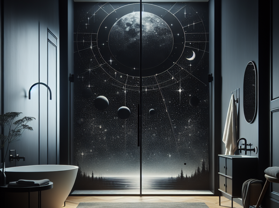 Alternate Text: Stylish matte black celestial shower door with a modern and contemporary design.