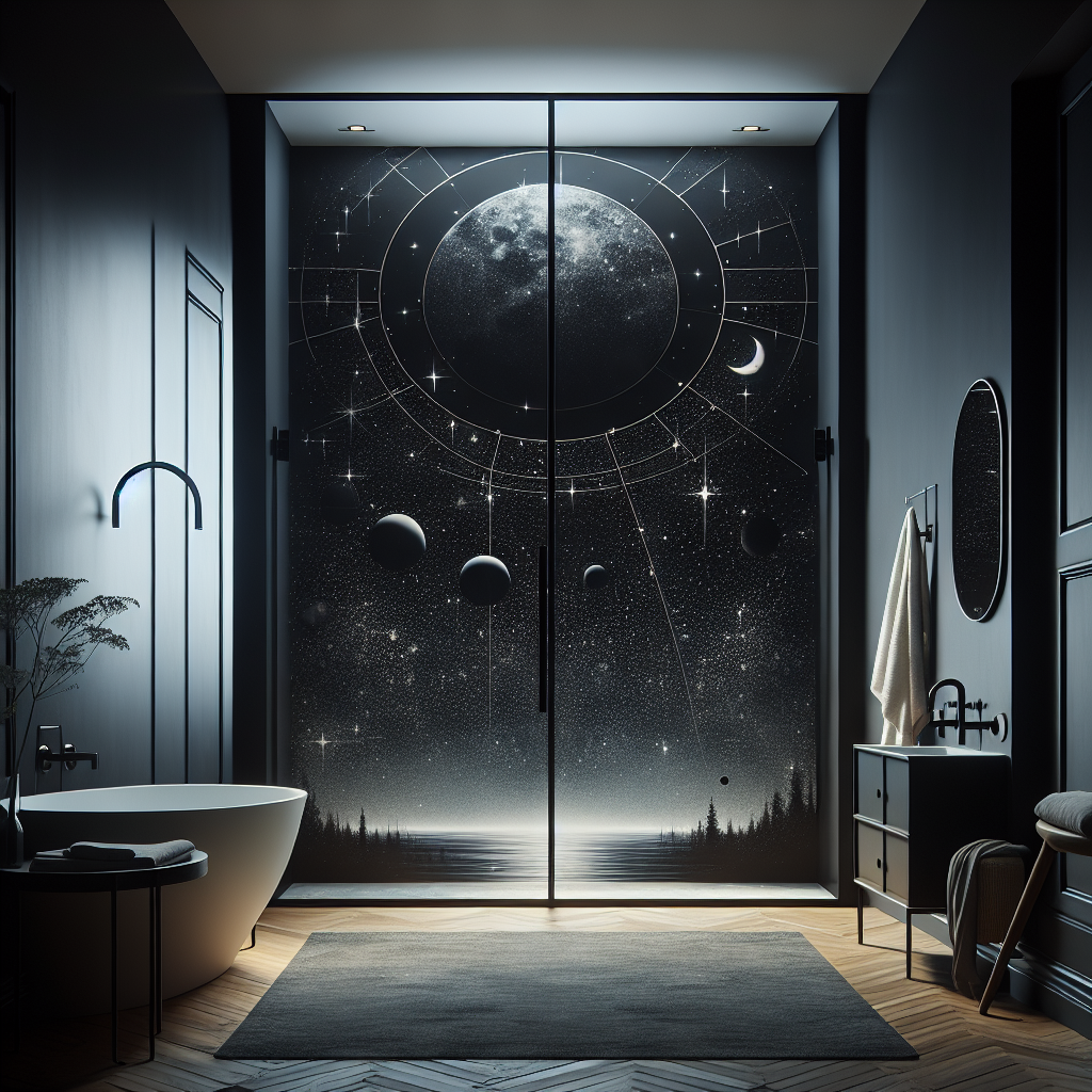 Alternate Text: Stylish matte black celestial shower door with a modern and contemporary design.