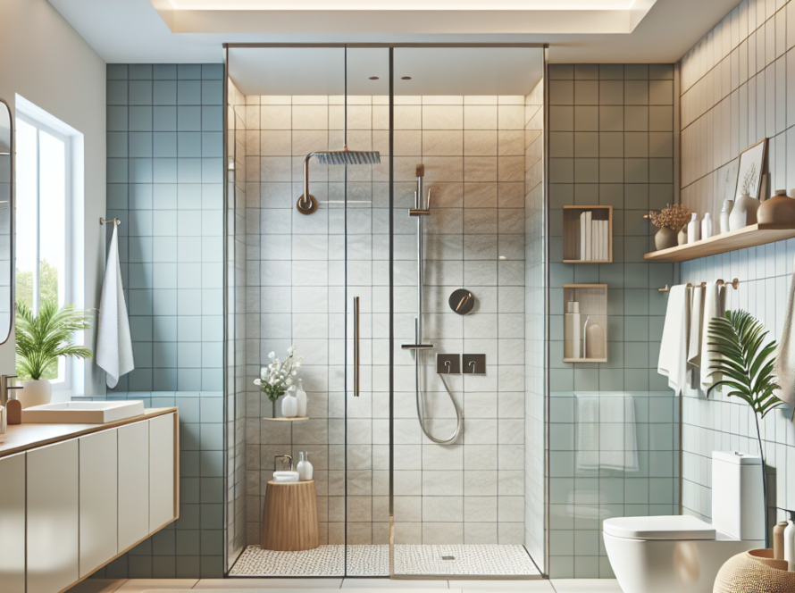 "Custom shower doors enhancing the modern aesthetics of a bathroom."
