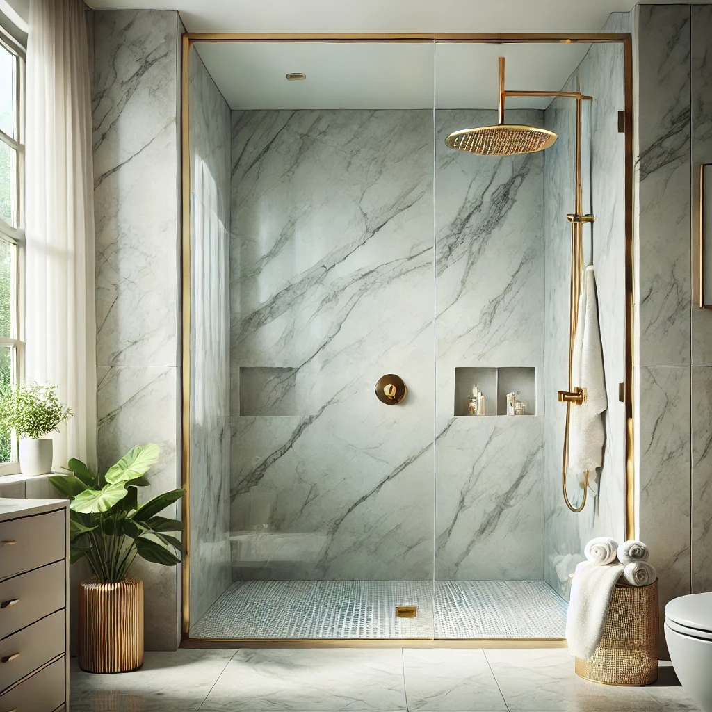 Luxury frameless glass shower door with gold hardware in a modern Boston bathroom featuring marble tiles, soft natural lighting, and elegant decor.