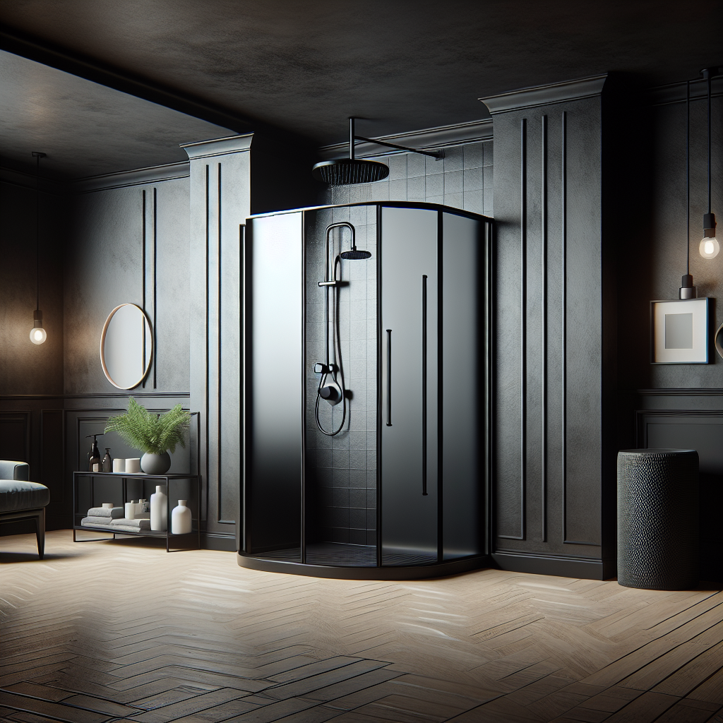A stylish black swing shower doors adding an elegant touch.