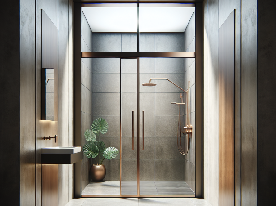 Luxurious bronze finish sliding shower doors adding a modern, contemporary touch to a bathroom.