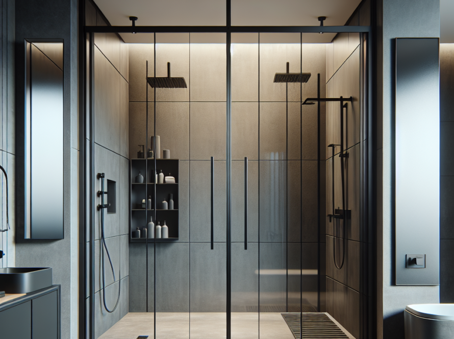 Modern bathroom design featuring matte black sliding shower doors that enhance the overall aesthetics.