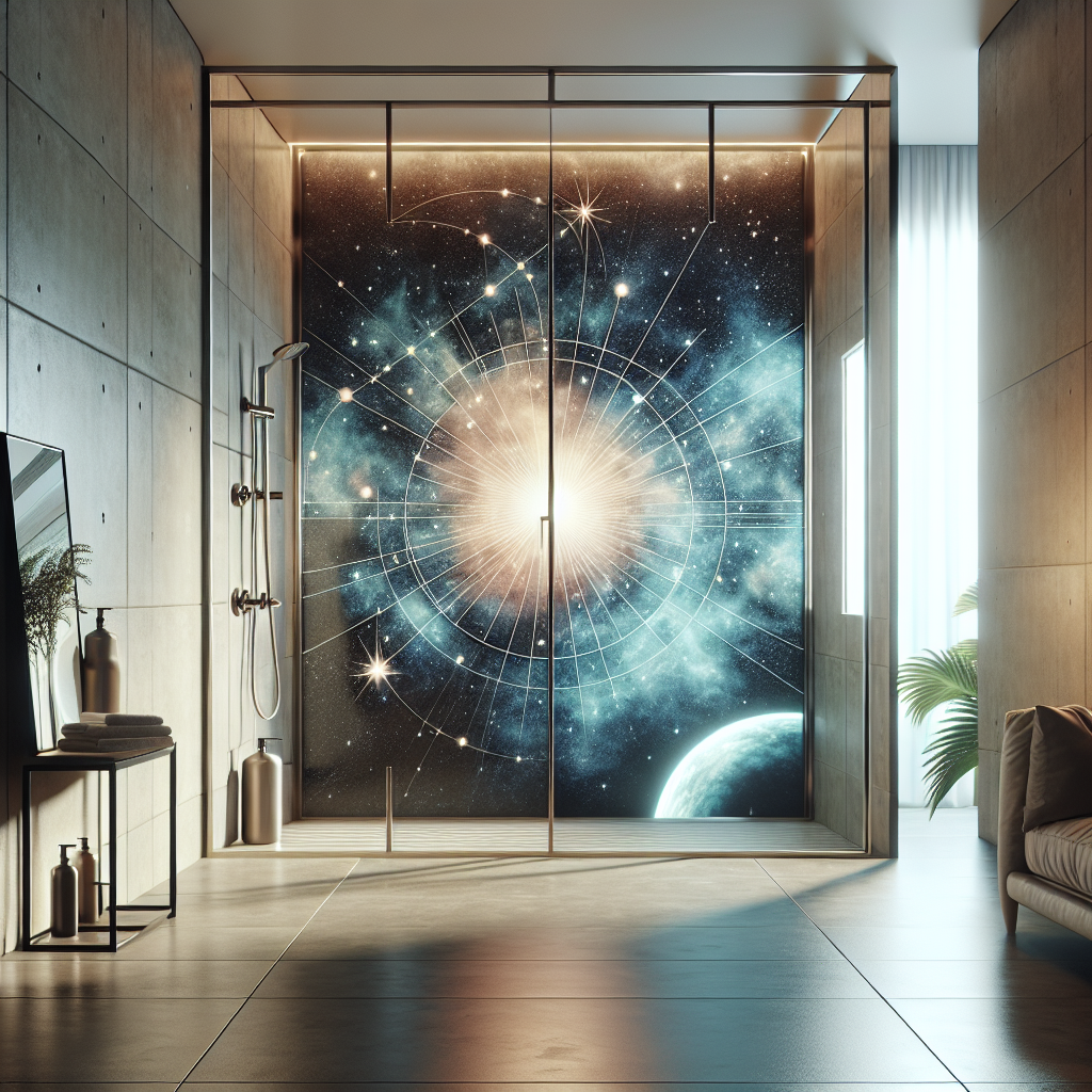 A modern, contemporary designed celestial shower door with a stunning nickel finish that radiates enchanting elegance.