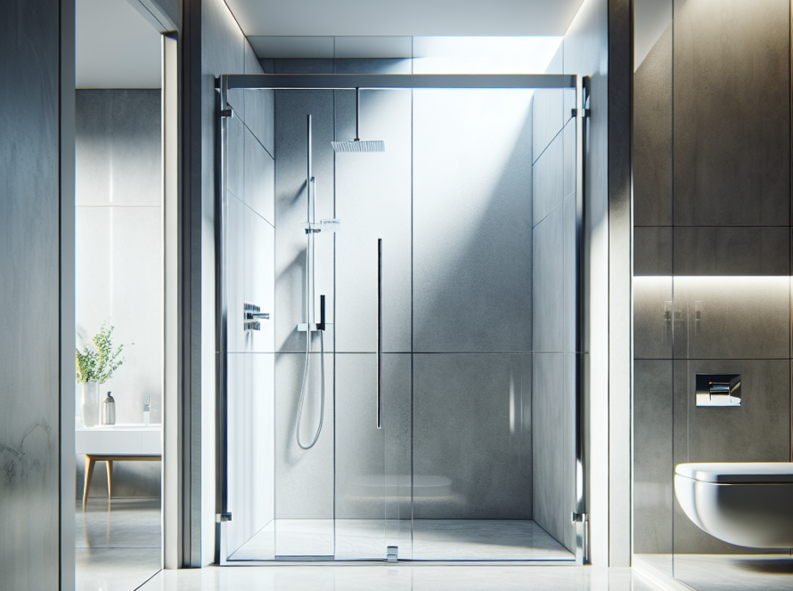 Modern designed bathroom featuring chrome sliding shower doors.