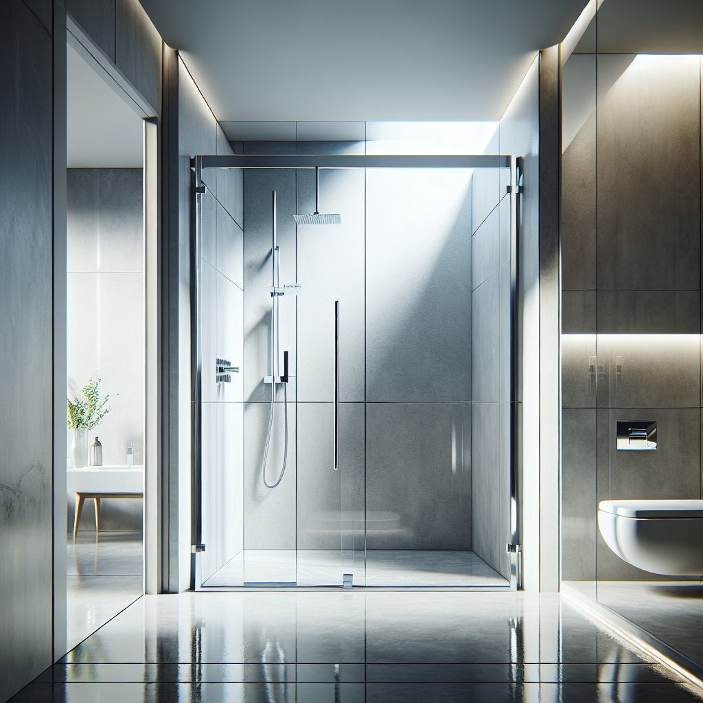Modern designed bathroom featuring chrome sliding shower doors.