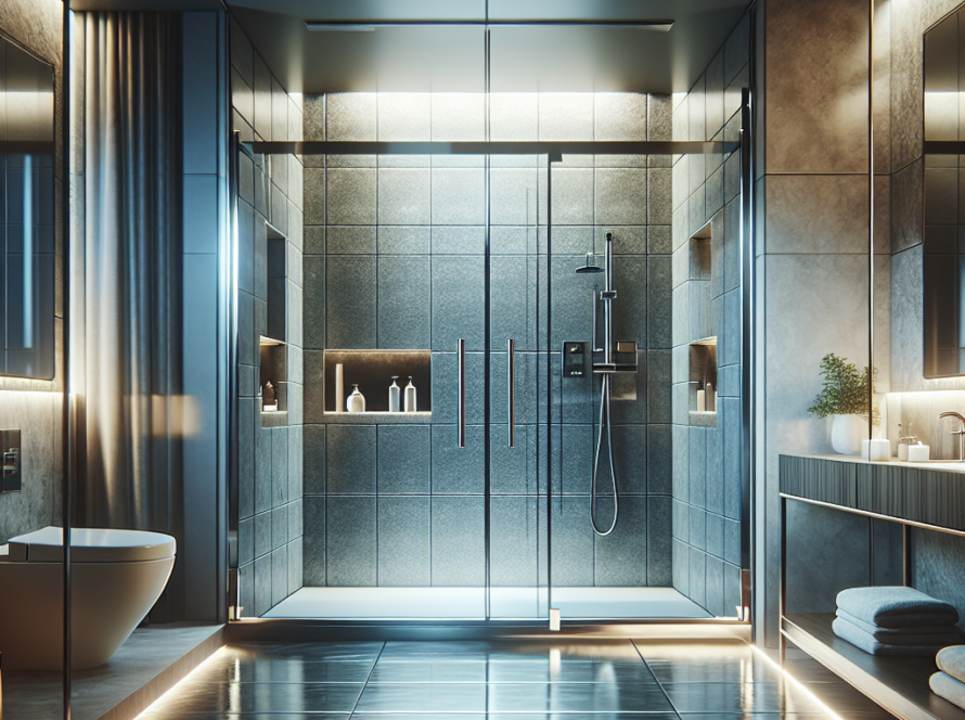 Reflective view of modern, elegant, and newly designed Chrome TruFit Shower Doors.