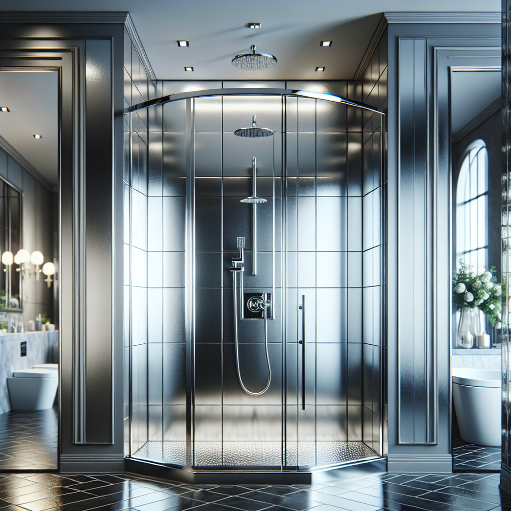 Chrome-finished deluxe shower doors in a luxury bathroom.