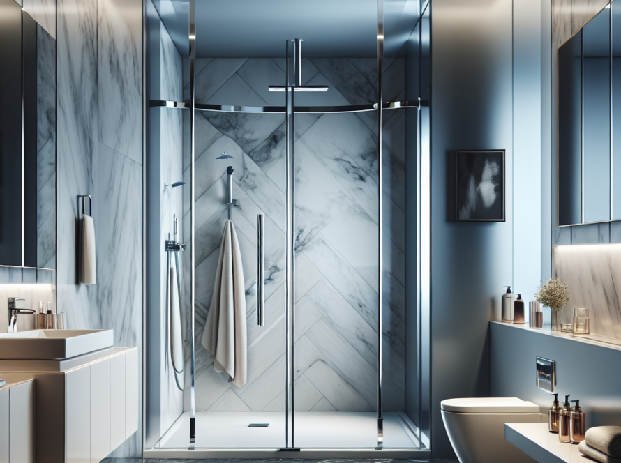 Newly installed modern sliding shower door with sleek chrome hardware enhances the bathroom's contemporary charm.