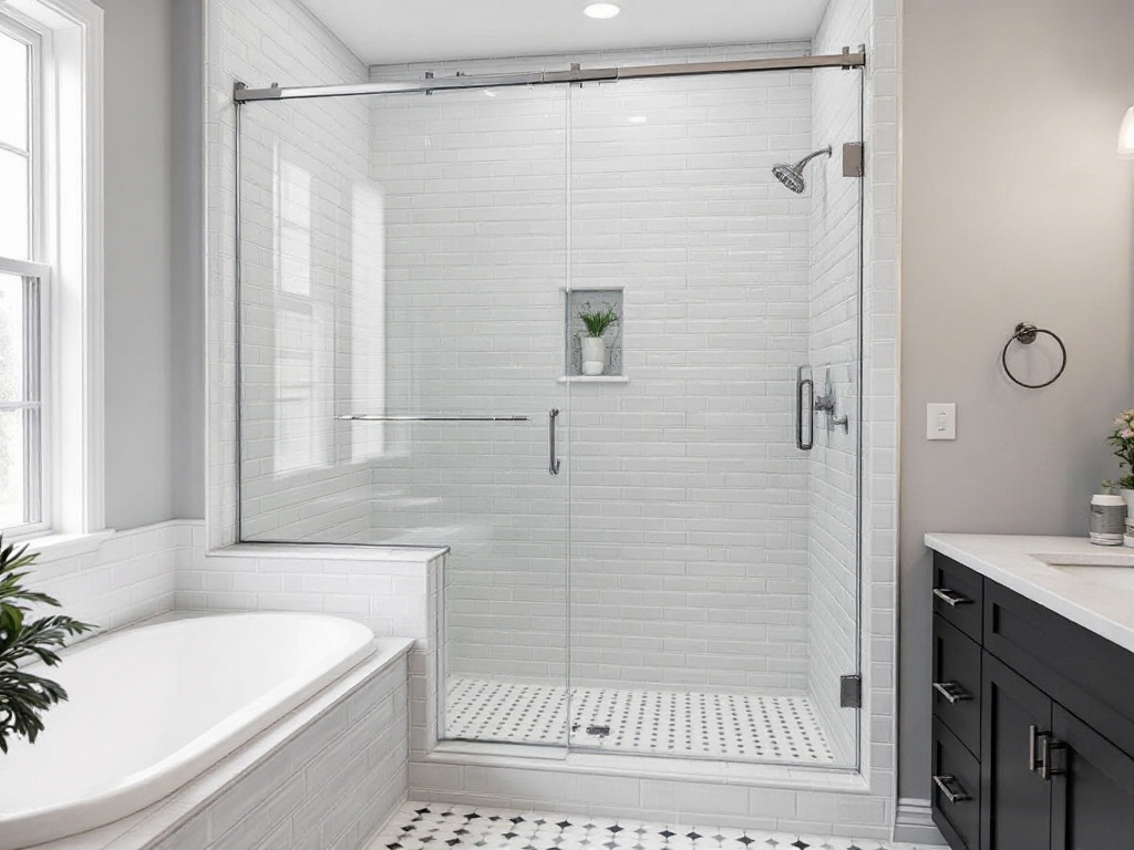 Semi frameless shower doors boasting modern and contemporary design elements. 