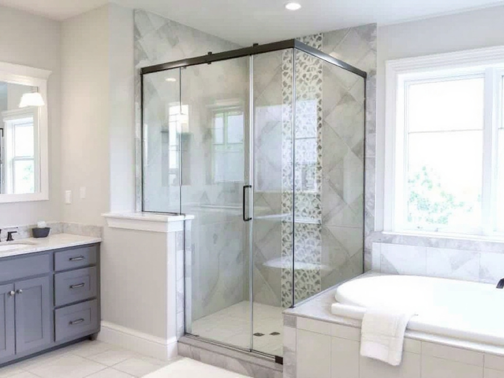 Semi-frameless shower door installation in progress.