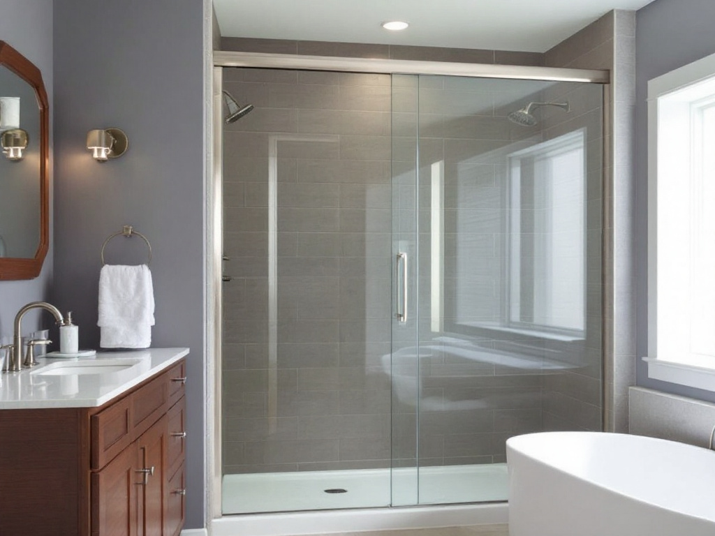 A modern sliding shower door installation in Sherborn, MA.