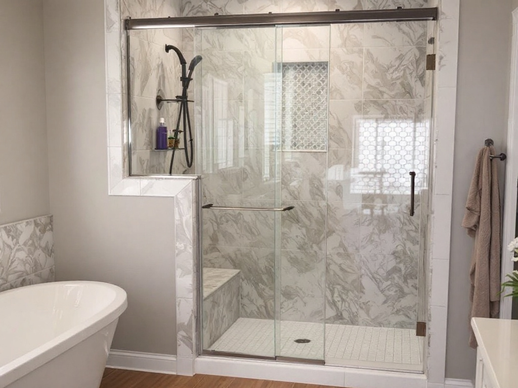 Professional installing a sliding shower door in Sherborn, MA.