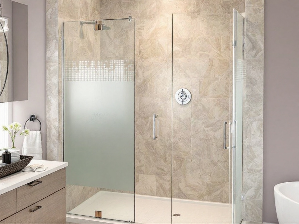 Picture showing a modern, contemporary design of a custom installed frameless shower door, giving the bathroom an elevated look.