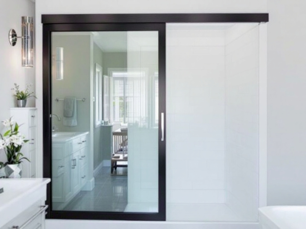 Skilled artisan installing an elegant sliding door in a bathroom near Rockland MA.