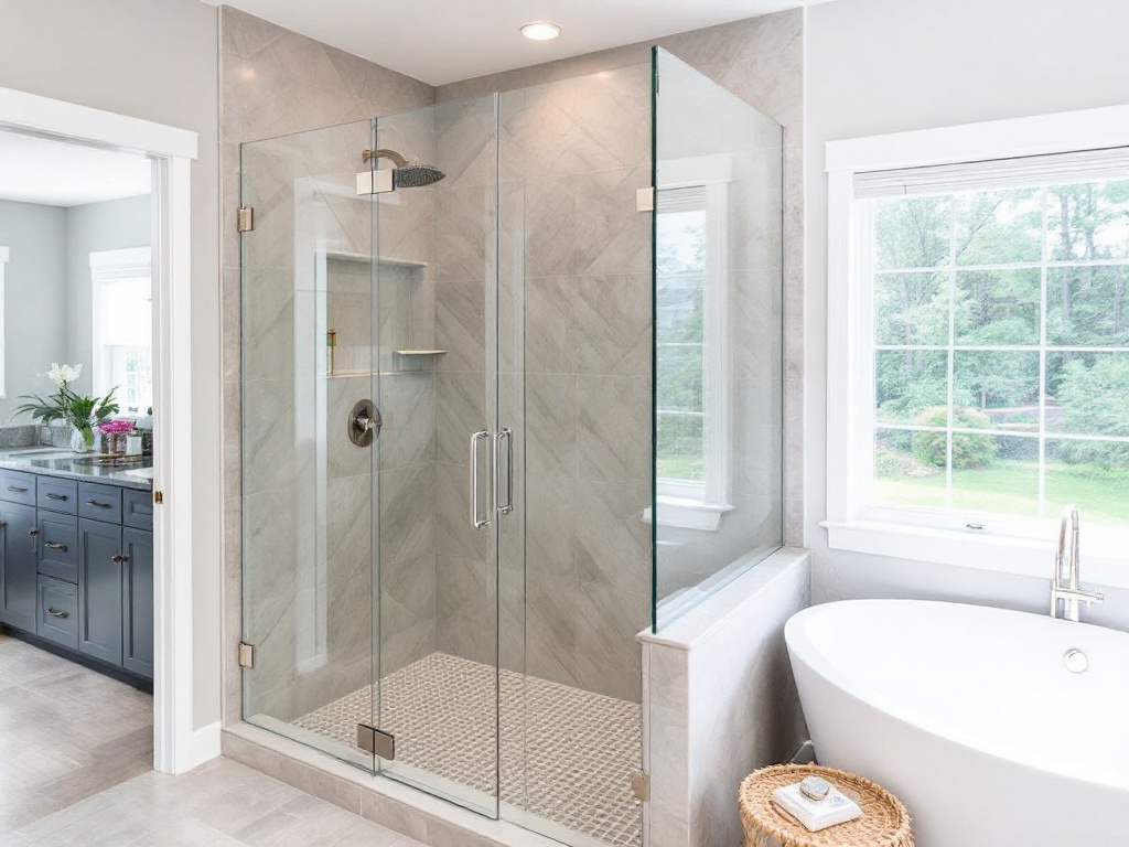 Alt Text: Skilled workers installing top-quality shower door in a home in Hanover, MA.
