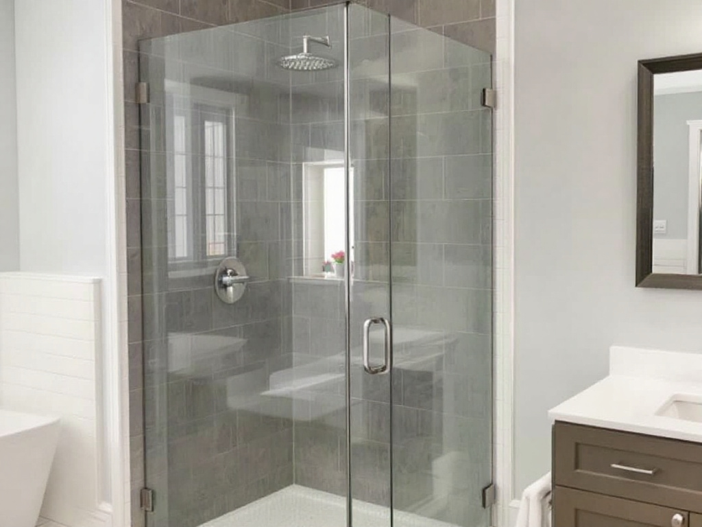 Close up view of a beautiful custom frameless shower enclosure being installed in Waltham, MA.
