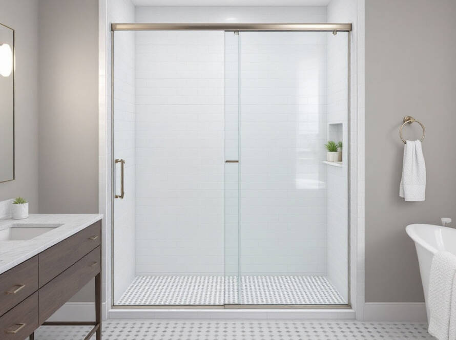 Alternative text: Professional installation of modern, contemporary, seamless sliding shower doors in Boston, MA.