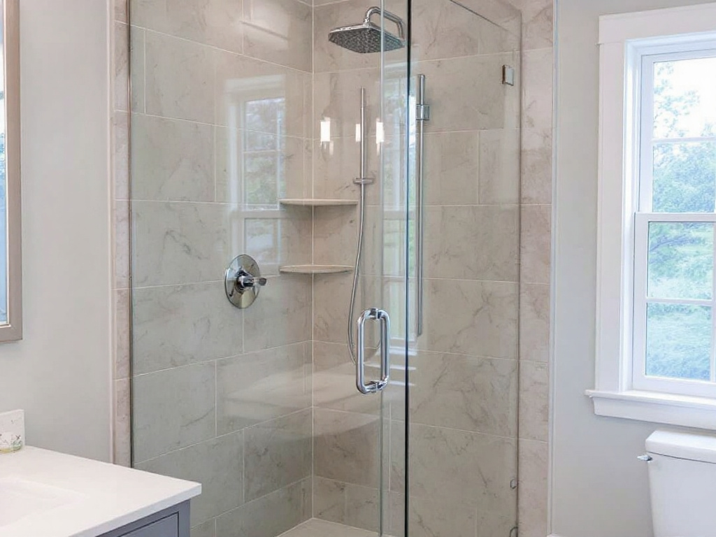 A modern designed bathroom featuring a newly installed glass shower door in a Canton, MA home.