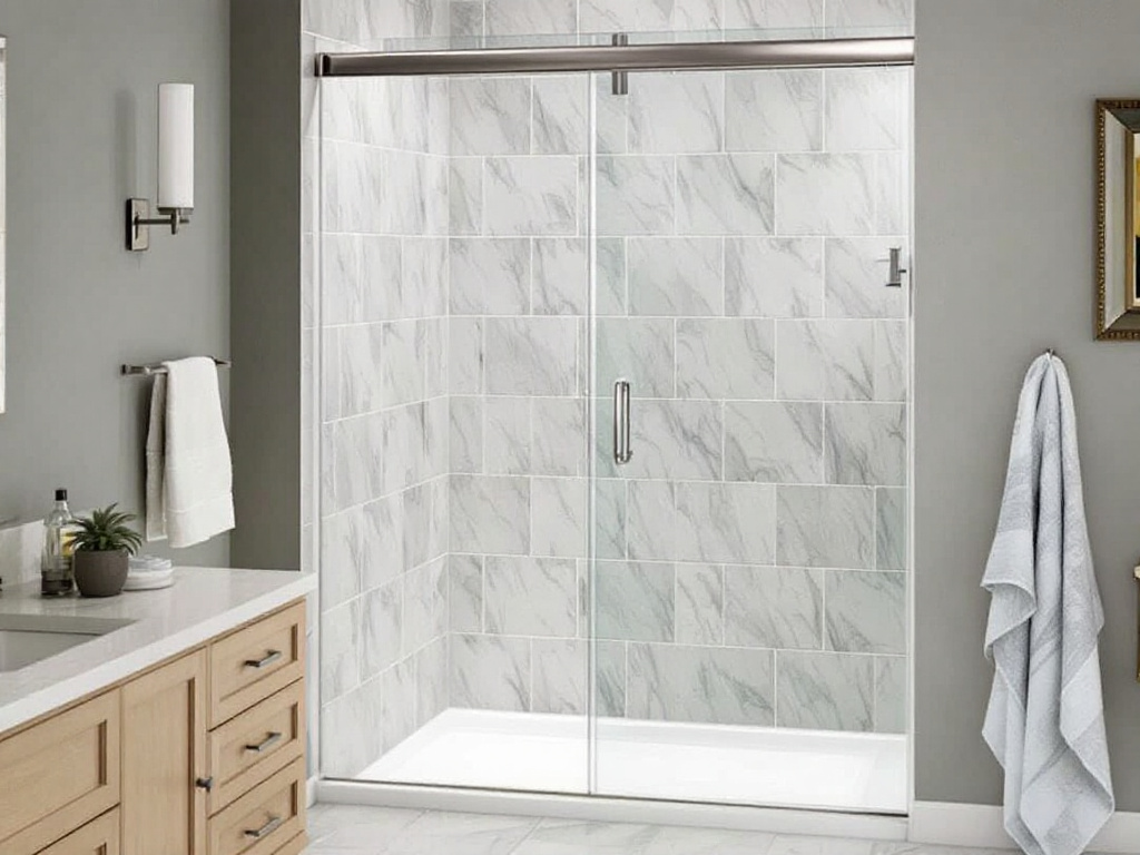 A newly installed, chic frameless shower door enhancing the modern and contemporary ambiance of a bathroom in Revere, MA.