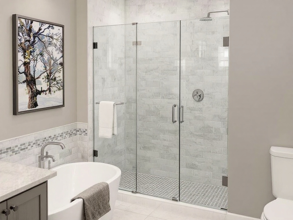 Qualified craftsman installing a sleek modern shower door in a home near Billerica, MA.