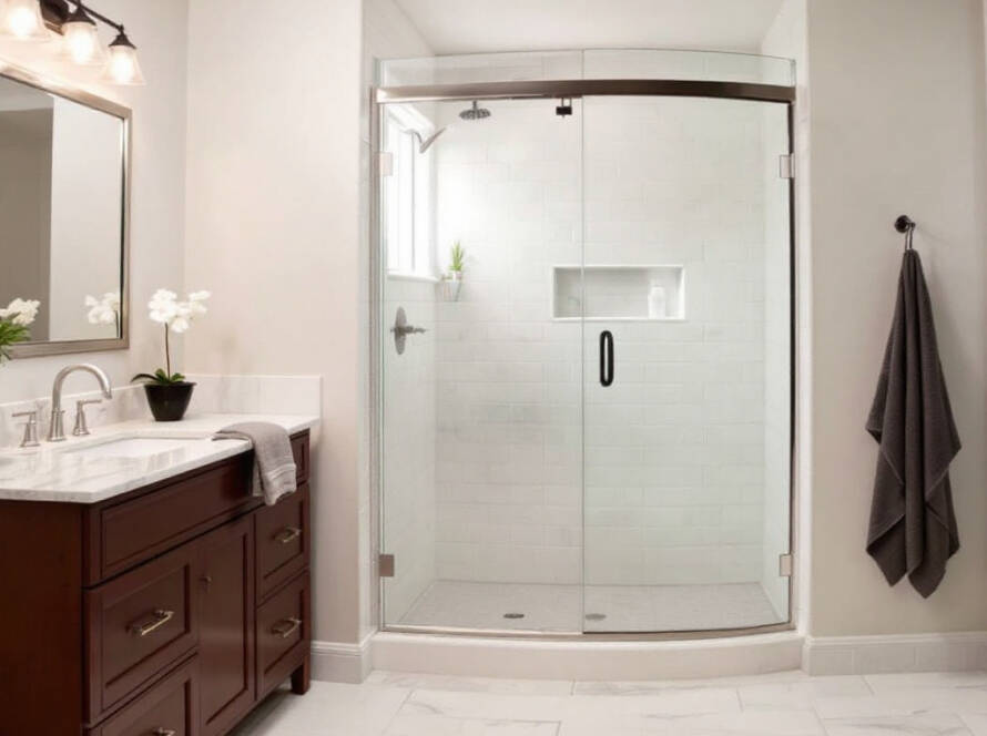 Sleek modern shower door in a newly renovated Boston bathroom.