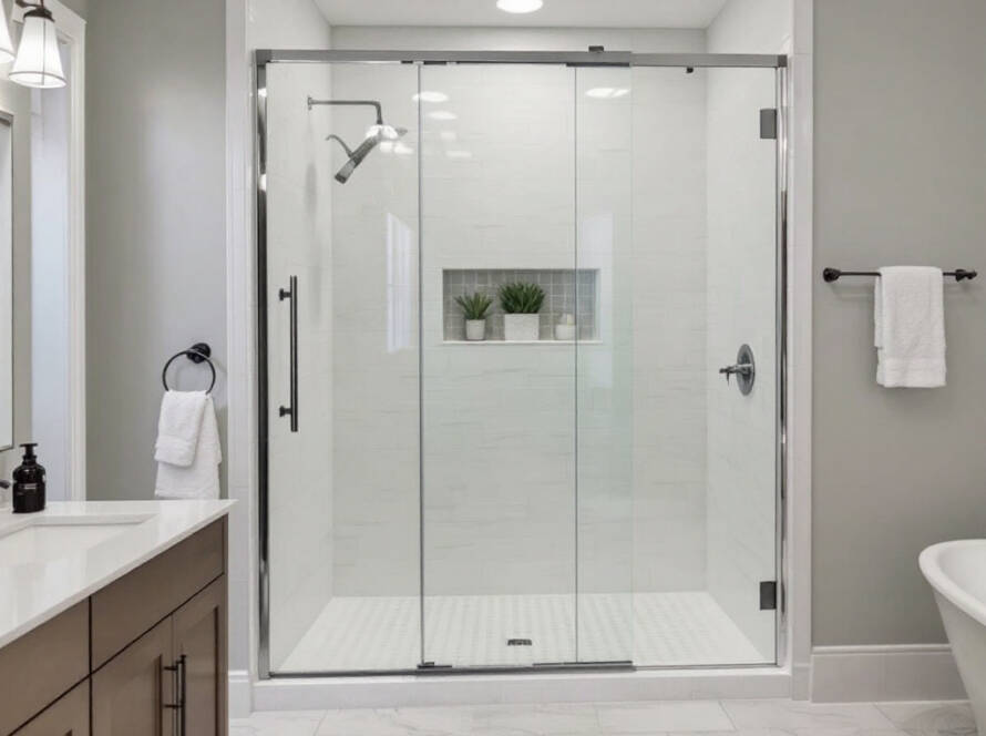 A custom shower door and hinged shower door in a modern, contemporary design, adding an elevated touch to a newly decorated bathroom.