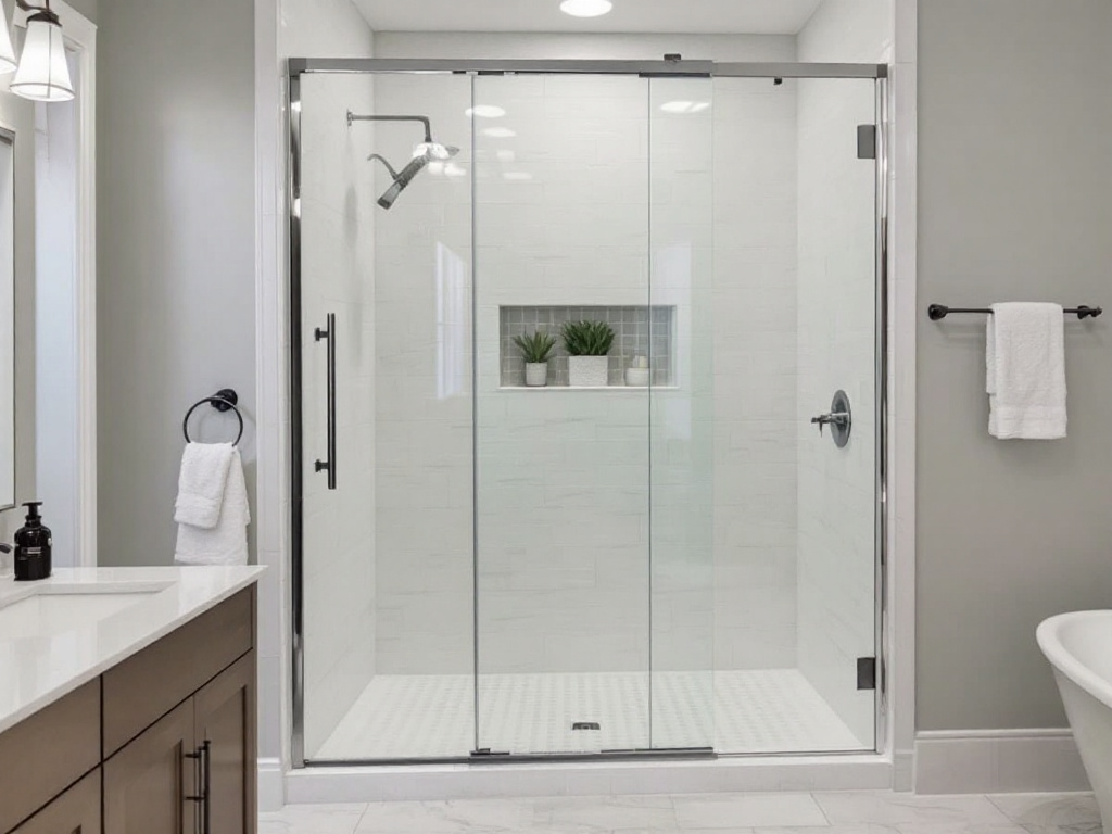 A custom shower door and hinged shower door in a modern, contemporary design, adding an elevated touch to a newly decorated bathroom. 