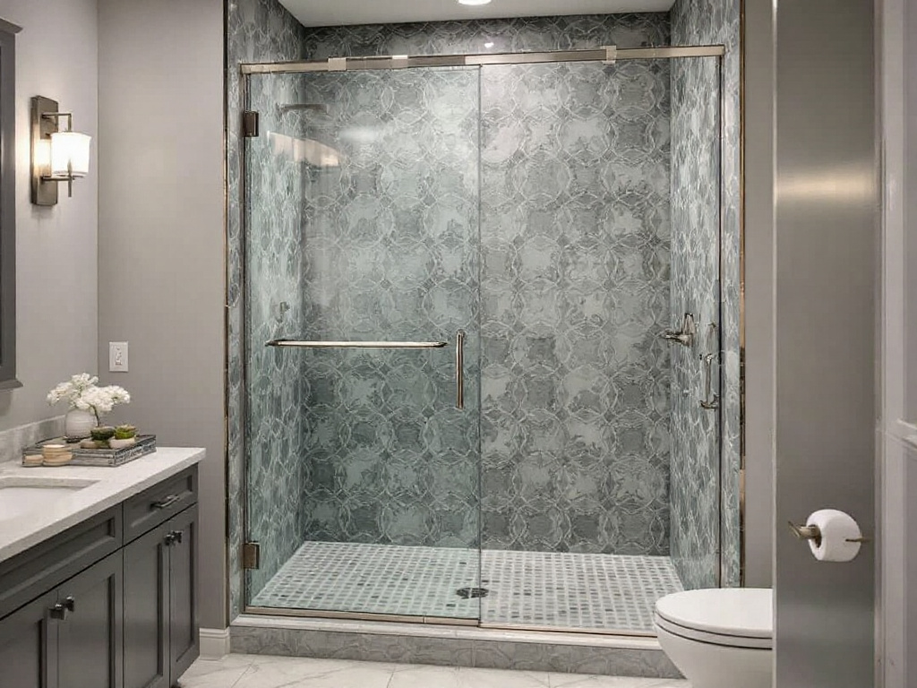 Custom designed hinged shower door enhancing bathroom decor.