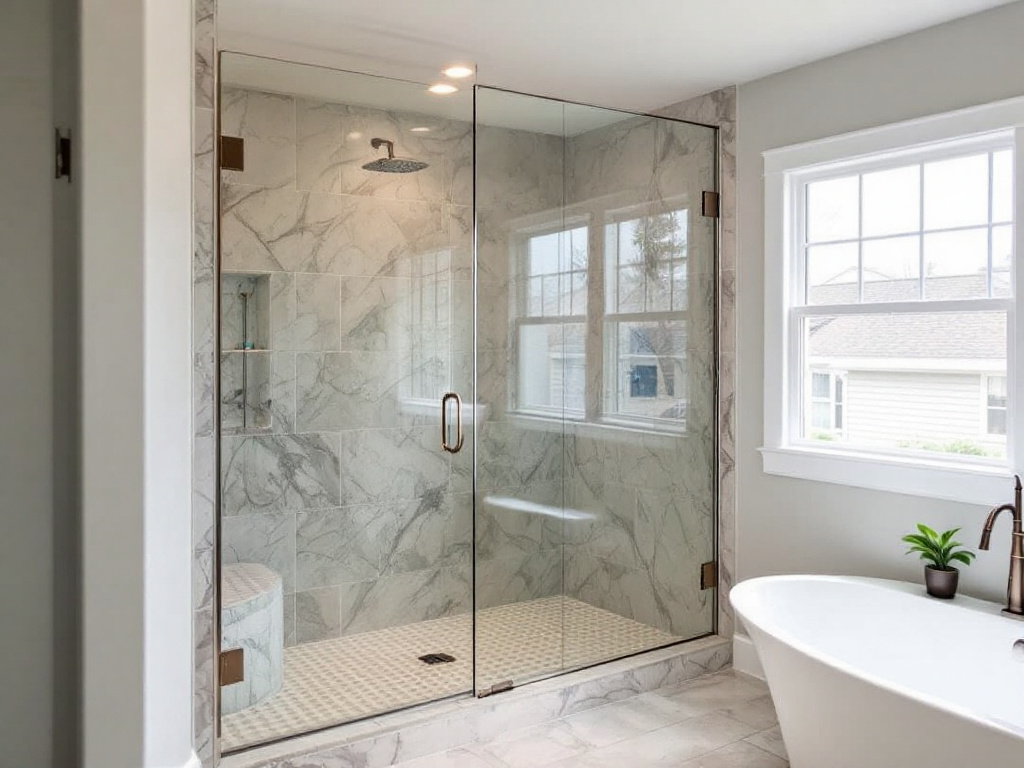 Alt Text: Specially crafted glass shower door installations in a contemporary house near Malden, MA.