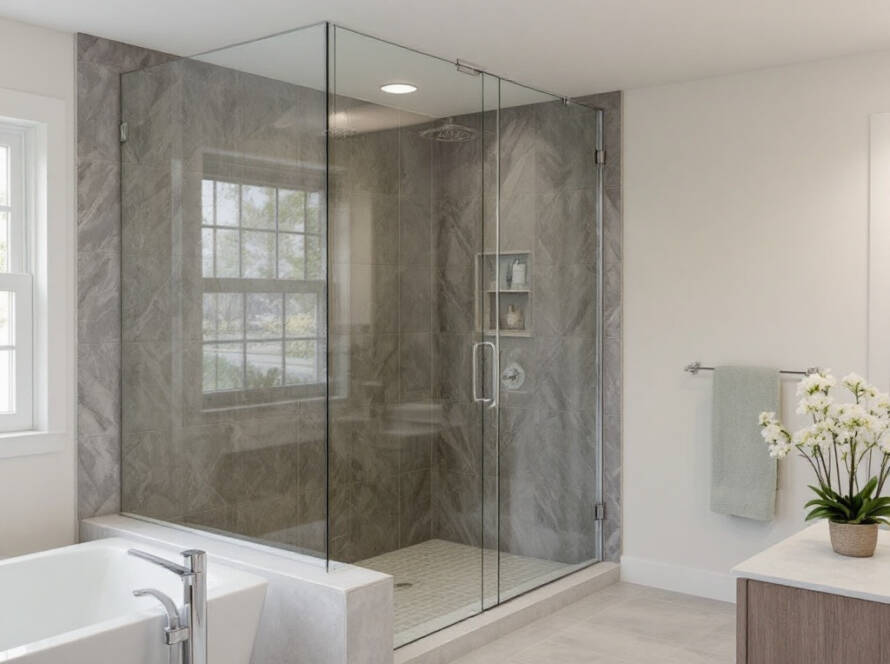 Expert craftsmen installing modern, contemporary shower glass doors near Westwood, MA.