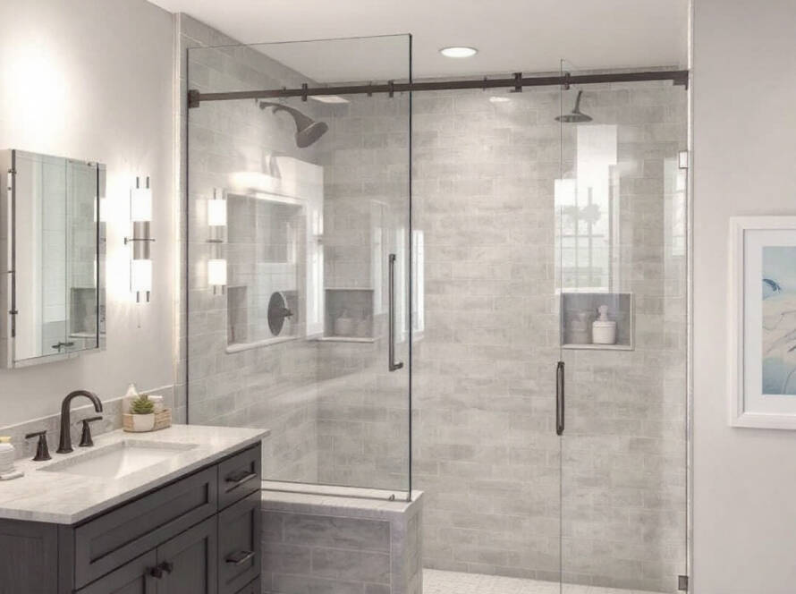 Skilled artisan providing expert shower glass installation service in a modern, contemporary design setting near Weston, MA.