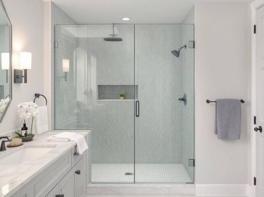 A modern, contemporary designed bathroom showcasing a new frameless shower door installation in Norwell, MA.