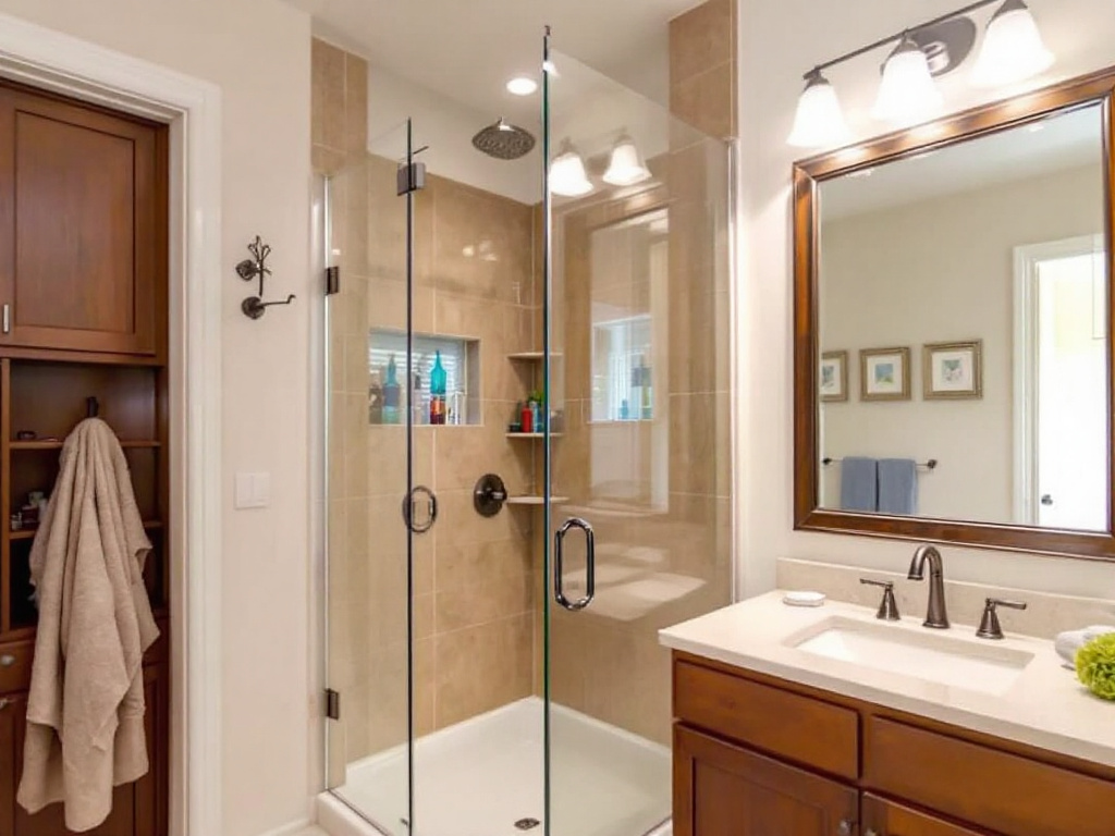 A professional completes the installation of a hinged shower door. 