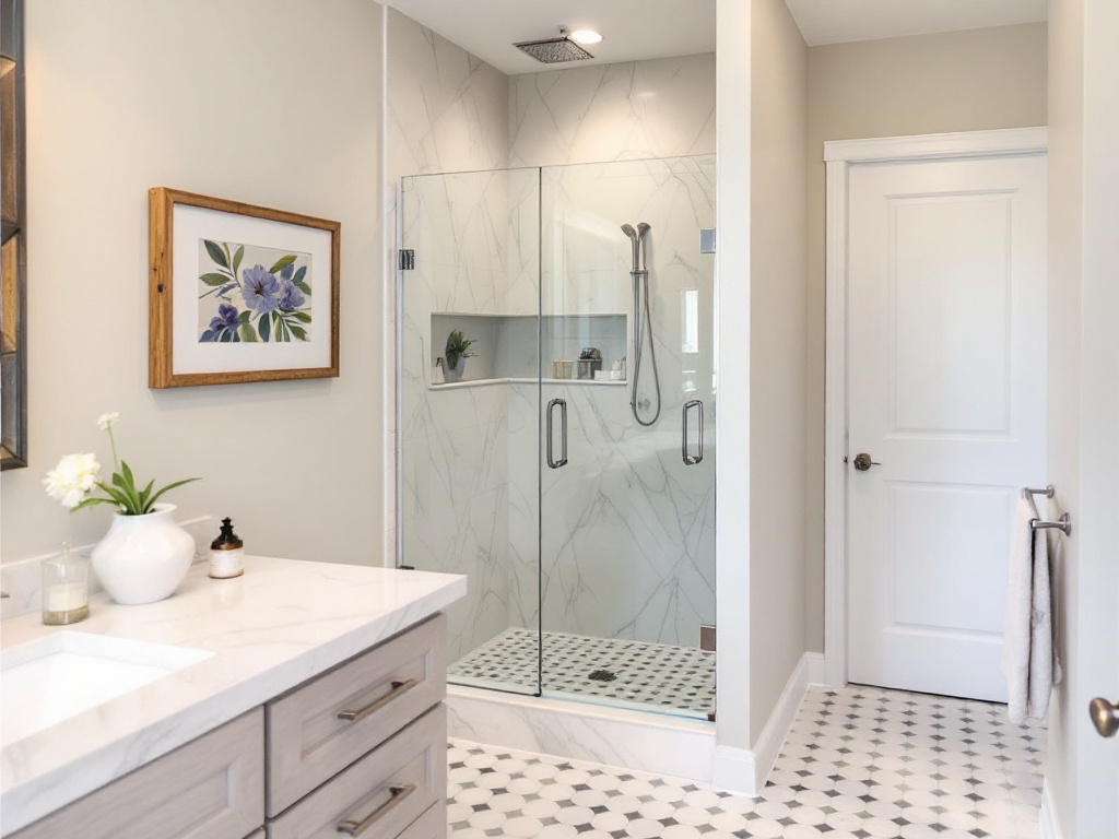 Contemporary frameless shower glass installation in a modernly renovated bathroom near Ashland, MA.