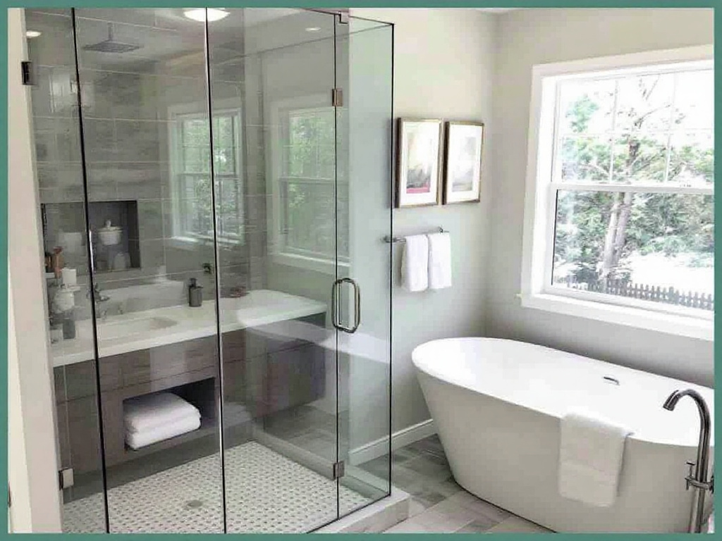 'Custom frameless shower glass transforming a bathroom near Ashland, MA'.