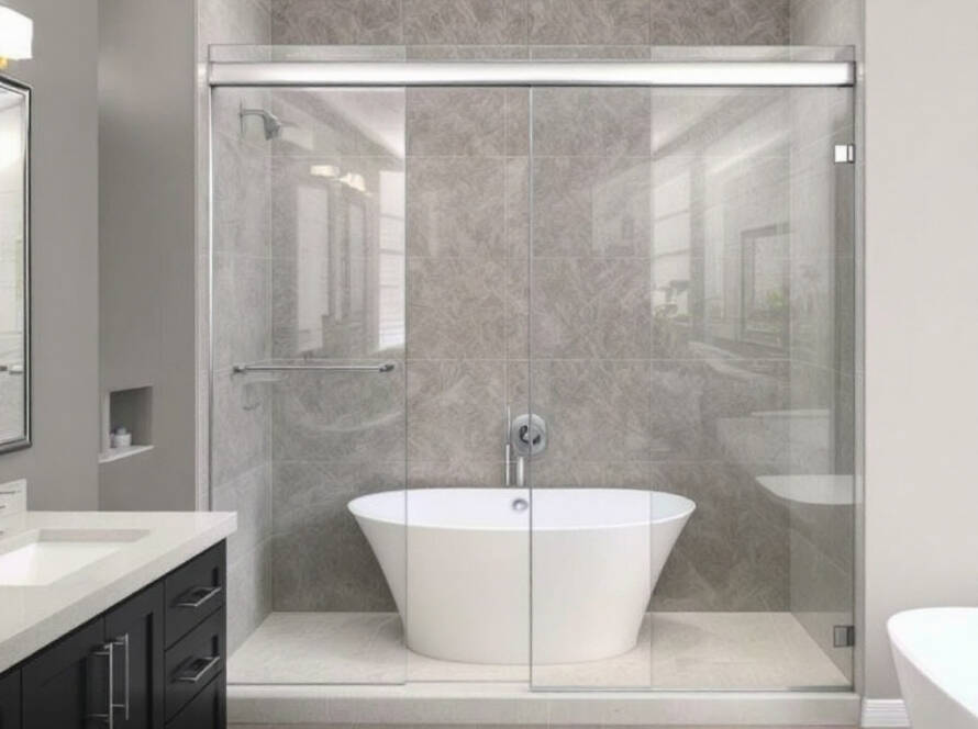 A modern and contemporary designed custom frameless shower door in a newly designed bathroom.