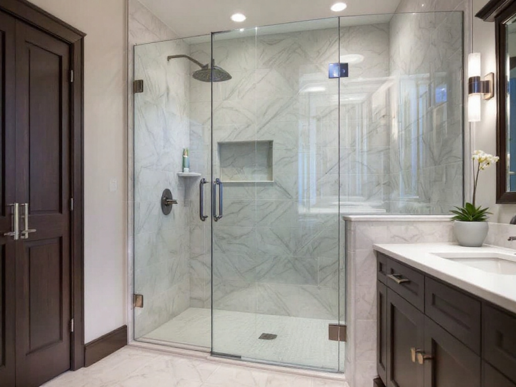 A beautiful semi-frameless shower door in a lavishly designed bathroom.
