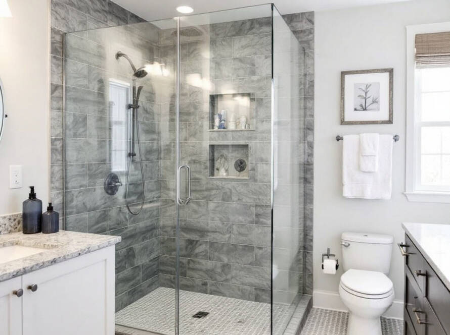 A spectacular transformation of a traditional bathroom into a modern oasis featuring custom frameless glass shower doors in Revere, MA.