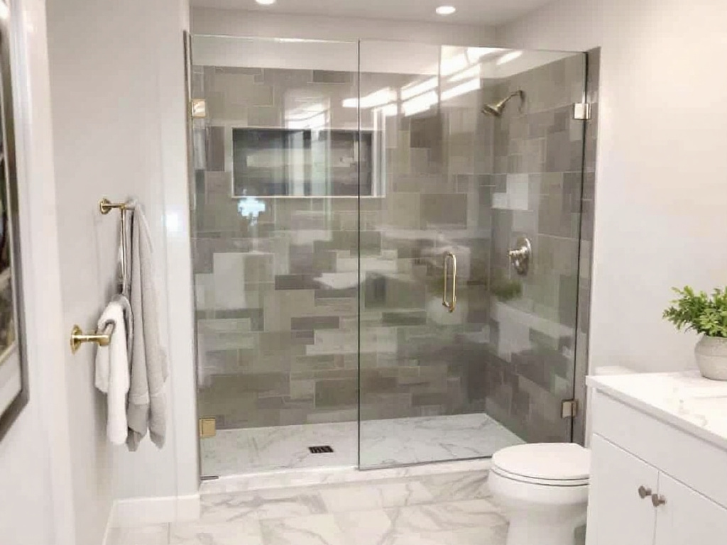 Custom-designed frameless shower door installed in a modern bathroom.