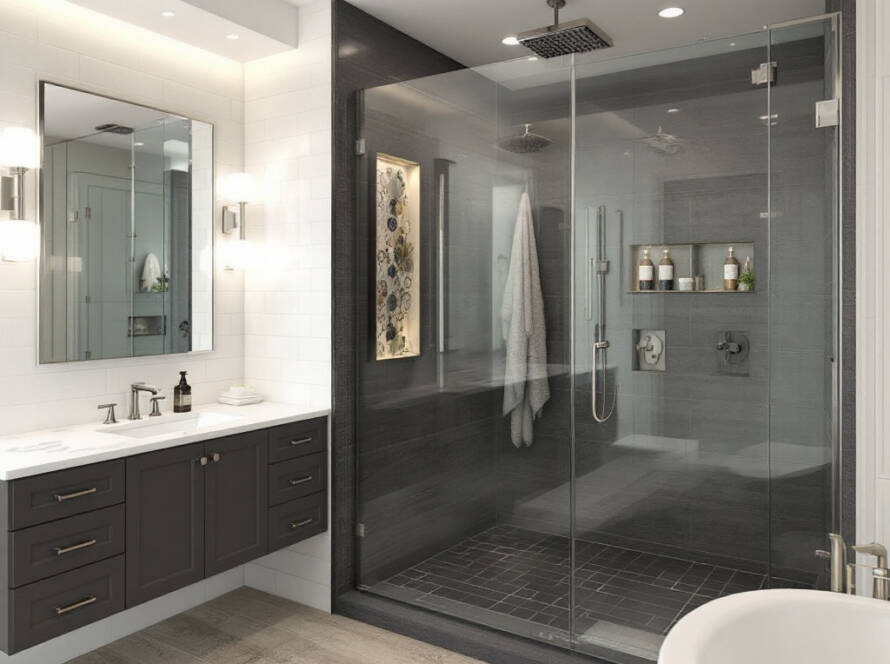 A newly installed, modern, contemporary design shower door in a transformed Boston bathroom.